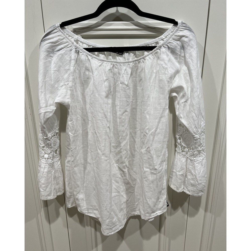 Blanc Du Nil White Cotton Peasant Top Size Medium Crochet Lace Bell Sleeve Boho‎